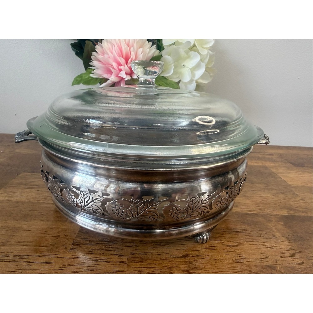 Vintage Viking Plate Silverplate Casserole Server Grape Pattern Glass Insert